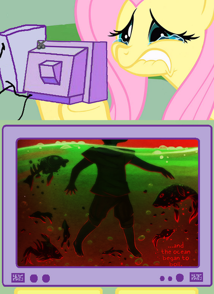 Size: 563x771 | Tagged: ava's demon, computer, derpibooru import, exploitable meme, fish, fluttercry, fluttershy, gil marverde, meme, obligatory pony, safe, tv meme