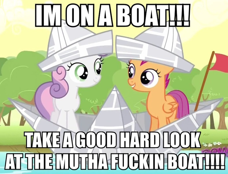 Size: 812x618 | Tagged: caption, craft, derpibooru import, edit, edited screencap, hat, image macro, i'm on a boat (the lonely island feat. t-pain), meme, newspaper, paper, paper boat, papercraft, paper hat, parody, ponyville confidential, safe, scootaloo, screencap, sweetie belle, text, the lonely island, vulgar