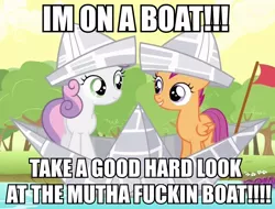 Size: 812x618 | Tagged: caption, craft, derpibooru import, edit, edited screencap, hat, image macro, i'm on a boat (the lonely island feat. t-pain), meme, newspaper, paper, paper boat, papercraft, paper hat, parody, ponyville confidential, safe, scootaloo, screencap, sweetie belle, text, the lonely island, vulgar