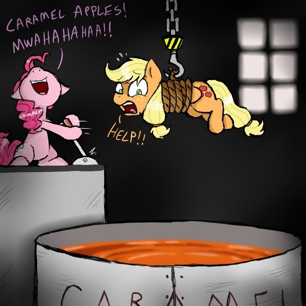 Size: 800x800 | Tagged: antagonist, applejack, artist:ichibangravity, bondage, caramel apple (food), caramel (food), derpibooru import, peril, pinkie pie, pun, rope, safe, suspended, tied up, unsexy bondage, vat