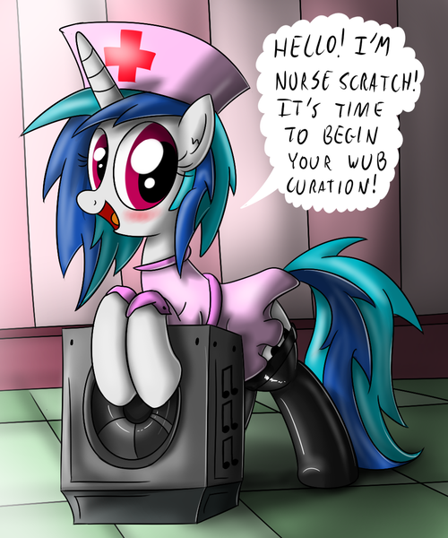 Size: 1000x1200 | Tagged: artist:ziemniax, clothes, derpibooru import, female, nurse, series:ziemniax's nurse ponies, solo, solo female, speaker, stockings, suggestive, thigh highs, vinyl scratch