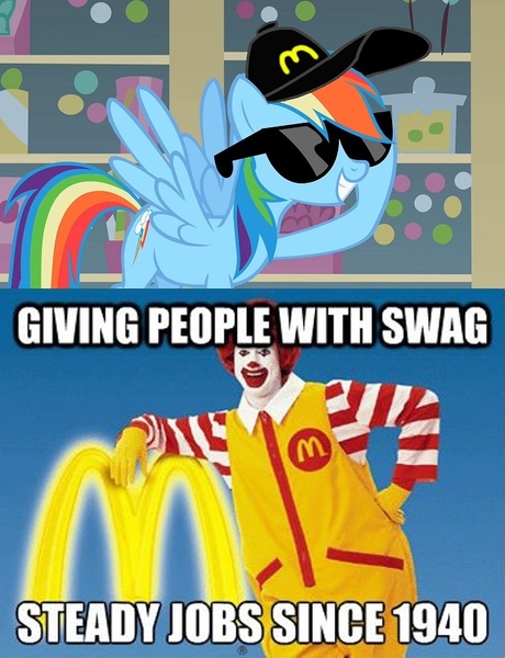 Size: 630x821 | Tagged: caption, derpibooru import, hat, image macro, mcdonald's, mcdonalds swag, rainbow dash, ronald mcdonald, safe, sunglasses, swag, text