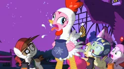 Size: 1280x720 | Tagged: safe, derpibooru import, screencap, alula, applecore, noi, pinkie pie, pipsqueak, piña colada, pluto, earth pony, pony, luna eclipsed, animal costume, chicken pie, chicken suit, clothes, colt, costume, male