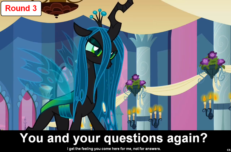 Size: 1024x672 | Tagged: caption, changeling, changeling queen, comic:celestia's servant interview, derpibooru import, female, interview, meta, queen chrysalis, safe