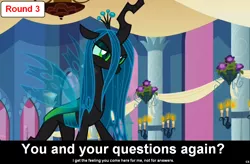 Size: 1024x672 | Tagged: caption, changeling, changeling queen, comic:celestia's servant interview, derpibooru import, female, interview, meta, queen chrysalis, safe