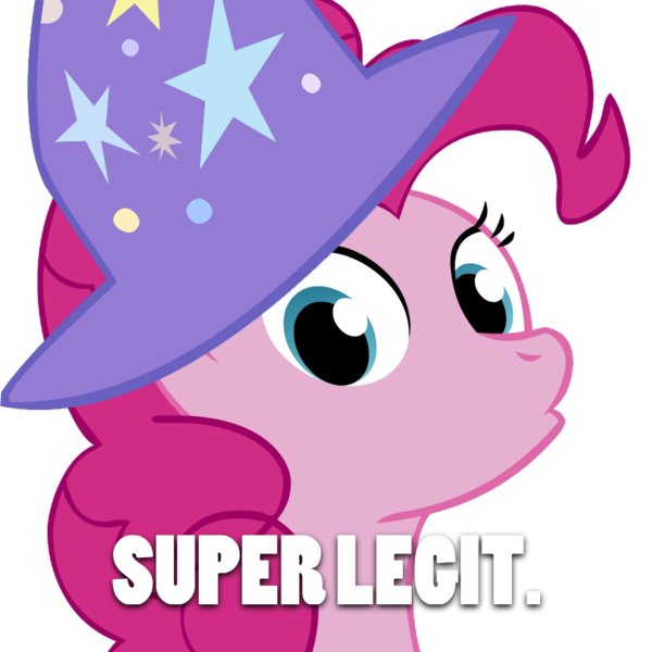 Size: 945x945 | Tagged: caption, clothes, derpibooru import, hat, image macro, legit, pinkie pie, safe, text, trixie's hat