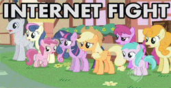Size: 400x207 | Tagged: animated, apple bloom, applejack, aura (character), berry punch, berryshine, bon bon, caption, carrot top, derpibooru import, edit, edited screencap, fencing, gif, golden harvest, hub logo, image macro, internet fight, lance (character), lucky clover, ruby pinch, safe, screencap, sweetie drops, text, the cutie pox, twilight sparkle