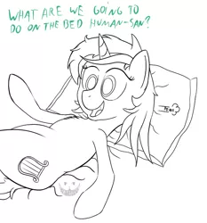 Size: 596x640 | Tagged: safe, artist:cheshiresdesires, derpibooru import, lyra heartstrings, pony, bed, dialogue, humie, implied human, pomf, solo, what are we gonna do on the bed?