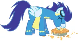 Size: 1733x923 | Tagged: belly, derpibooru import, edit, food, food baby, messy eating, pie, safe, soarin', stuffed, that pony sure does love pies, weight gain