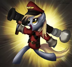 Size: 929x856 | Tagged: safe, artist:psychoanalytic, derpibooru import, derpy hooves, pegasus, pony, beggar's bazooka, crossover, derpyhoovesnews, female, kringle collection, mare, soldier, team captain, team fortress 2