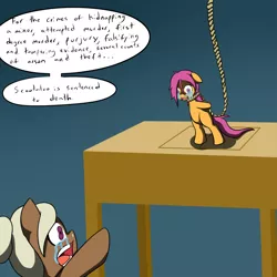 Size: 800x800 | Tagged: safe, artist:jake heritagu, derpibooru import, scootaloo, oc, pony, abuse, crying, execution, gallows, hanging (by neck), imminent death, noose, scootabuse