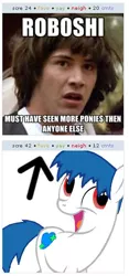 Size: 266x566 | Tagged: caption, conspiracy keanu, derpibooru, derpibooru import, exploitable meme, i didn't listen, image macro, juxtaposition, juxtaposition win, meme, meta, oc, oc:roboshi, roboshi (user), safe, text, unofficial characters only