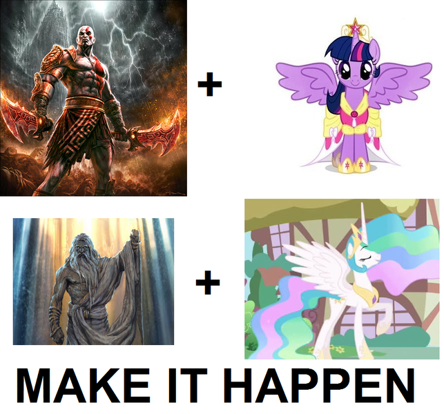 Size: 895x835 | Tagged: safe, derpibooru import, princess celestia, twilight sparkle, twilight sparkle (alicorn), alicorn, pony, exploitable meme, female, god of war, kratos, make it happen, mare, meme, zeus