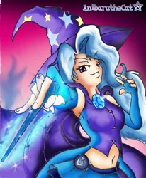 Size: 1100x1332 | Tagged: armpits, artist:anibaruthecat, belly button, cape, clothes, derpibooru import, hat, horn wand, human, humanized, magic, safe, solo, trixie, trixie's cape, trixie's hat, vest, waistcoat, wand