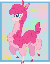 Size: 835x1066 | Tagged: alpaca, artist:silentazrael, community related, cute, derpibooru import, pink, pinkie pie, raised hoof, raised leg, recolor, safe, smiling, solo, species swap, them's fightin' herds