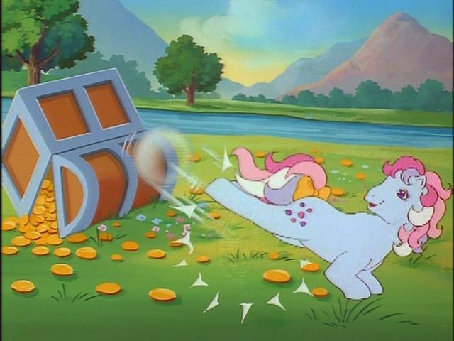 Size: 640x480 | Tagged: bubble, cute, derpibooru import, g1, horses doing horse things, kick, magic coins, my little pony 'n friends, safe, stretch, stretching, sweet stuff, sweet sweet stuff, treasure chest, twinkle eyed pony
