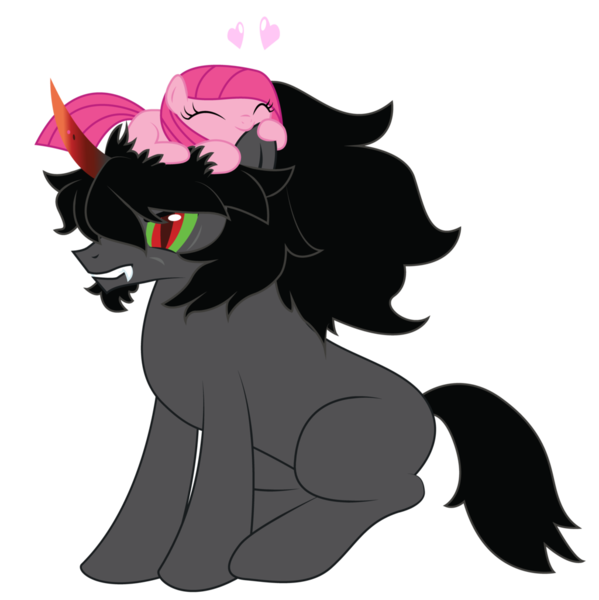 Size: 1024x1026 | Tagged: safe, artist:bigccv, derpibooru import, king sombra, pinkie pie, earth pony, pony, unicorn, :>, annoyed, biting, colored horn, curved horn, cute, ear bite, eyes closed, fangs, female, filly, glare, gritted teeth, heart, horn, male, mare, missing accessory, nom, pinkamena diane pie, pony hat, shipping, simple background, sitting, smiling, sombra horn, sombrapie, stallion, straight, transparent background, younger