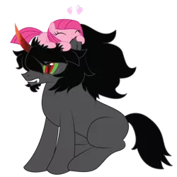 Size: 1024x1026 | Tagged: safe, artist:bigccv, derpibooru import, king sombra, pinkie pie, earth pony, pony, unicorn, :>, annoyed, biting, colored horn, curved horn, cute, ear bite, eyes closed, fangs, female, filly, glare, gritted teeth, heart, horn, male, mare, missing accessory, nom, pinkamena diane pie, pony hat, shipping, simple background, sitting, smiling, sombra horn, sombrapie, stallion, straight, transparent background, younger