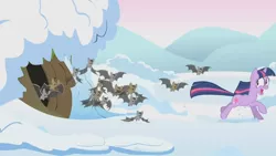 Size: 1280x720 | Tagged: safe, derpibooru import, screencap, twilight sparkle, bat, pony, unicorn, winter wrap up, animal, burrow, female, looking back, mare, running, scared, snow, solo, unicorn twilight, we can't stop here this is bat country