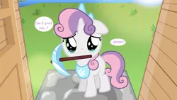 Size: 1280x720 | Tagged: safe, artist:jan, derpibooru import, sweetie belle, pony, unicorn, ask the crusaders, don't mine at night, armor, comic sans, crying, cute, dangerously cute, diabetes, diamond armor, diamond pickaxe, diasweetes, female, filly, minecraft, mouth hold, pickaxe, solo, wallpaper