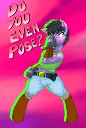 Size: 1250x1853 | Tagged: safe, artist:nightomist, derpibooru import, ponified, anthro, pony, semi-anthro, bipedal, boots, clothes, do you even lift, gloves, hoof boots, joestar fabulous, jojo pose, jojo's bizarre adventure, joseph joestar, meme, muscles, pose, shirt, shoes, smiling, solo