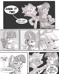 Size: 2800x3500 | Tagged: safe, artist:fauxsquared, derpibooru import, applejack, twilight sparkle, earth pony, pony, unicorn, applejack's hat, bondage, chair, comic, cowboy hat, crying, dialogue, eyes closed, female, floppy ears, food, fourth wall, gag, glare, grammar error, grammar nazi, gritted teeth, hat, hoof hold, lesbian, mare, mouth hold, open mouth, orange, pedantry, raised eyebrow, rope, shipping, sitting, smiling, smirk, speech bubble, tied up, trixie is magic, twijack, underhoof, wide eyes, you're