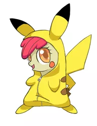 Size: 872x1128 | Tagged: apple bloom, artist:groudus, clothes, costume, derpibooru import, ikue otani, kigurumi, nintendo, pikabloom, pikachu, pokémon, ponymon, safe, voice actor joke