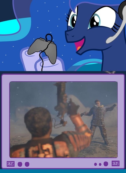 Size: 563x769 | Tagged: dead space, death, derpibooru import, exploitable meme, gamer luna, grimdark, head shot, isaac clarke, meme, obligatory pony, princess luna, rig (dead space), robert norton, spoilers for another series, tv meme