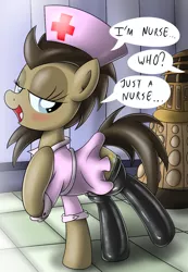 Size: 900x1300 | Tagged: artist:ziemniax, clothes, dalek, derpibooru import, doctor who, doctor whooves, nurse, nurse whooves, rule 63, safe, series:ziemniax's nurse ponies, stockings, the doctoress, thigh highs, time turner