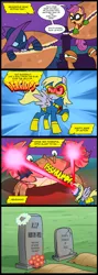 Size: 713x2000 | Tagged: semi-grimdark, artist:madmax, derpibooru import, derpy hooves, mare do well, scootaloo, crab, giant crab, pegasus, pony, batman, comic, cyclops (marvel comics), dark comedy, dc comics, female, friendly fire, grave, grimderp, mare, marvel, optic blast, parody, robin, we are going to hell