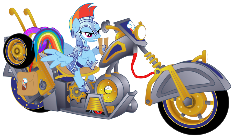 Size: 6783x4000 | Tagged: absurd resolution, armor, artist:psychicwalnut, backpack, derpibooru import, mekgineer's chopper, motorcycle, rainbow dash, riding, safe, simple background, solo, transparent background, vector, warcraft, world of warcraft