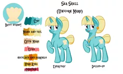Size: 5000x3000 | Tagged: safe, artist:shelltoon, derpibooru import, oc, oc:sea shell, unofficial characters only, pony, unicorn, hair bun, horn, horn ring, jewelry, necklace, nimby's world, reference sheet, ring, solo, tail bun