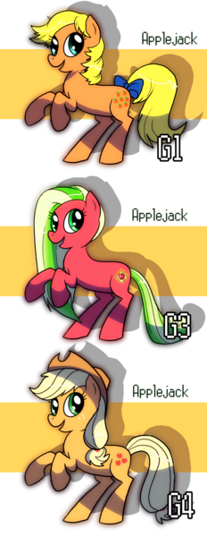 Size: 700x1810 | Tagged: applejack, applejack (g1), applejack (g3), artist:shufflestripes, bow, comparison, dead source, derpibooru import, g1, g1 to g4, g3, g3 to g4, generation leap, rearing, safe, tail bow