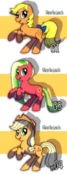 Size: 700x1810 | Tagged: applejack, applejack (g1), applejack (g3), artist:shufflestripes, bow, comparison, dead source, derpibooru import, g1, g1 to g4, g3, g3 to g4, generation leap, rearing, safe, tail bow