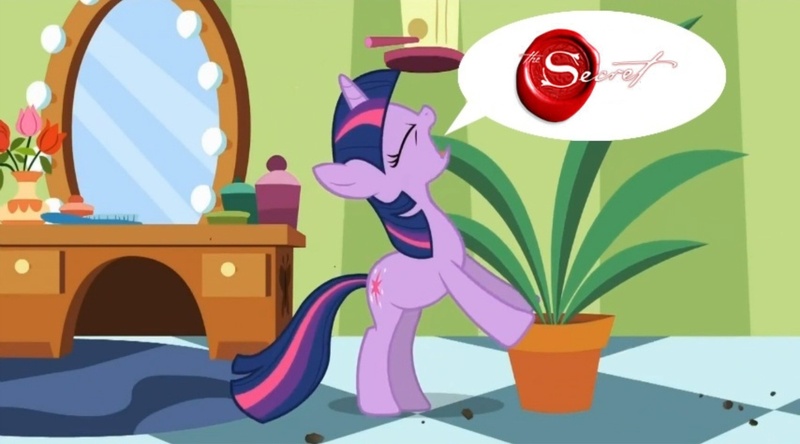 Size: 1536x853 | Tagged: derpibooru import, edit, edited screencap, exploitable meme, forced meme, green isn't your color, law of attraction, meme, potted plant, pseudo-shaman bullshit, safe, screencap, secret pot meme, speech bubble, the secret, twilight sparkle