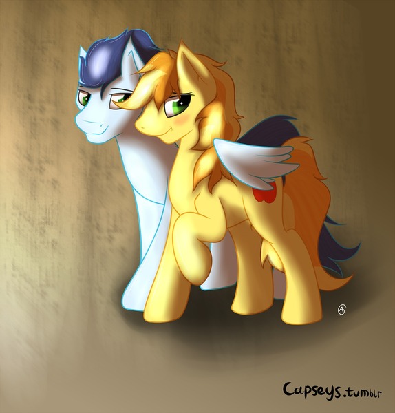 Size: 1280x1338 | Tagged: artist:capseys, blushing, braeburn, derpibooru import, gay, male, safe, shipping, soarburn, soarin'