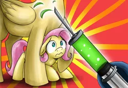 Size: 1000x689 | Tagged: artist:xioade, dead source, derpibooru import, female, filly, fluttershy, mother, oc, oc:fluttershy's mom, safe, scared, syringe, trypanophobia