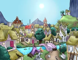 Size: 500x386 | Tagged: artist:deyogee, background, blood, crossed, crossed: equestria, death, derpibooru import, grimdark, hanging, hanging (by neck), misleading thumbnail, noose, ponyville, scenery, town hall, when you see it, windmill