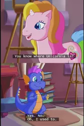 Size: 639x958 | Tagged: safe, derpibooru import, edit, edited screencap, screencap, master kenbroath gilspotten heathspike, rarity (g3), spike, dragon, pony, unicorn, the runaway rainbow, g3, lore, subtitles, unicornia