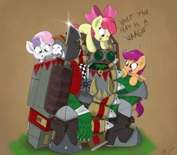 Size: 800x700 | Tagged: apple bloom, artist:wazzart, crossover, cutie mark crusaders, dead source, derpibooru import, flash git, ork, safe, scootaloo, sweetie belle, waaagh!, warhammer 40k, warhammer (game)