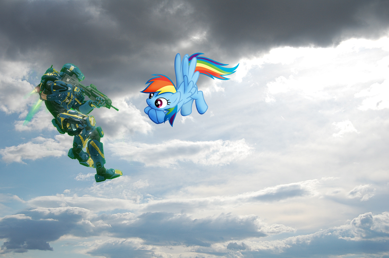 Size: 1024x681 | Tagged: safe, artist:sniper6vs7rocket, derpibooru import, rainbow dash, pony, crossover, flying, halo (series), halo 4, irl, jetpack, photo, ponies in real life, sky, spartan