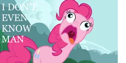 Size: 1594x800 | Tagged: safe, derpibooru import, pinkie pie, earth pony, pony, caption, female, i don't even know, image macro, mare, meme, open mouth, pinkie frogmouth, reaction image, solo, text