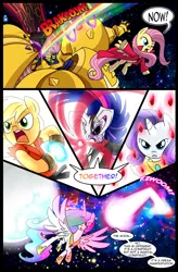 Size: 851x1300 | Tagged: applejack, artist:madmax, battle for equestria, bleach (manga), comic, derpibooru import, devil may cry, exodia, fight, fluttershy, ken masters, kurosaki ichigo, princess celestia, rarity, safe, saint seiya, street fighter, twilight sparkle