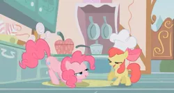 Size: 627x337 | Tagged: apple bloom, bedroom eyes, call of the cutie, chef's hat, cupcakes song, derpibooru import, hat, kitchen, out of context, pinkie pie, safe, screencap