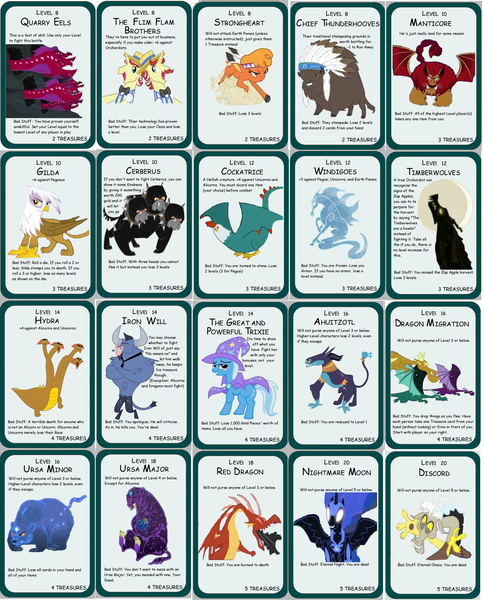 Size: 3864x4789 | Tagged: safe, artist:kdogfour, derpibooru import, ahuizotl, basil, cerberus (character), chief thunderhooves, discord, flam, flim, gilda, iron will, little strongheart, manny roar, nightmare moon, trixie, bear, cerberus, cockatrice, dragon, eel, gryphon, hydra, manticore, quarray eel, timber wolf, ursa, ursa major, ursa minor, windigo, comic sans, flim flam brothers, multiple heads, munchkin, three heads