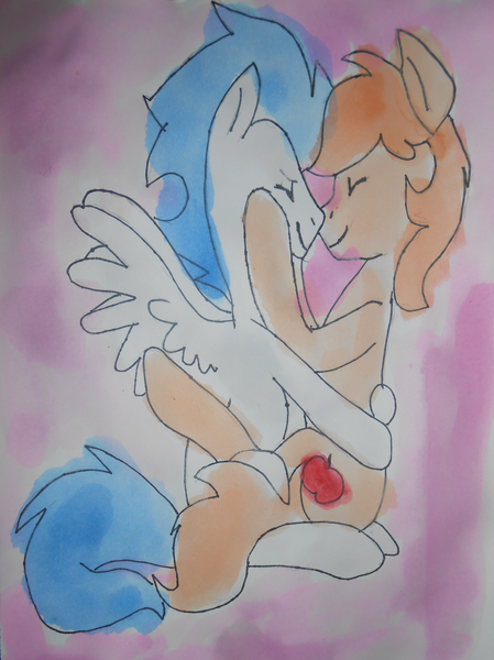 Size: 3408x4552 | Tagged: artist:beastlypokemoncard, braeburn, derpibooru import, gay, male, safe, shipping, soarburn, soarin'