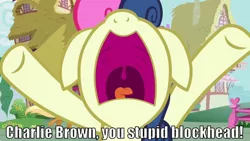 Size: 960x540 | Tagged: blockhead, bon bon, caption, charlie brown, derpibooru import, hearts and hooves day, hearts and hooves day (episode), image macro, peanuts, safe, screaming, screencap, sweetie drops, text