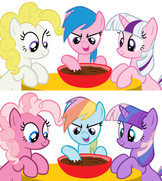 Size: 1436x1602 | Tagged: artist:colossalstinker, chocolate, derpibooru import, firefly, food, g1, g1 to g4, g3, g3 to g4, generation leap, pinkie pie, pinkie pie (g3), pudding, rainbow dash, rainbow dash (g3), recolor, safe, square crossover, surprise, twilight sparkle, twilight twinkle