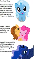 Size: 383x659 | Tagged: derpibooru import, disliked truth, female, filly, filly trixie, fun facts, hug, i reject op's reality and substitute my own, oc, pinkie pie, princess luna, sad truth, safe, text, trixie, truth, younger, you will never x