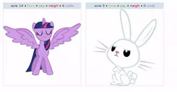 Size: 572x299 | Tagged: safe, derpibooru import, angel bunny, twilight sparkle, twilight sparkle (alicorn), alicorn, pony, derpibooru, exploitable meme, female, juxtaposition, juxtaposition win, mare, meme, meta